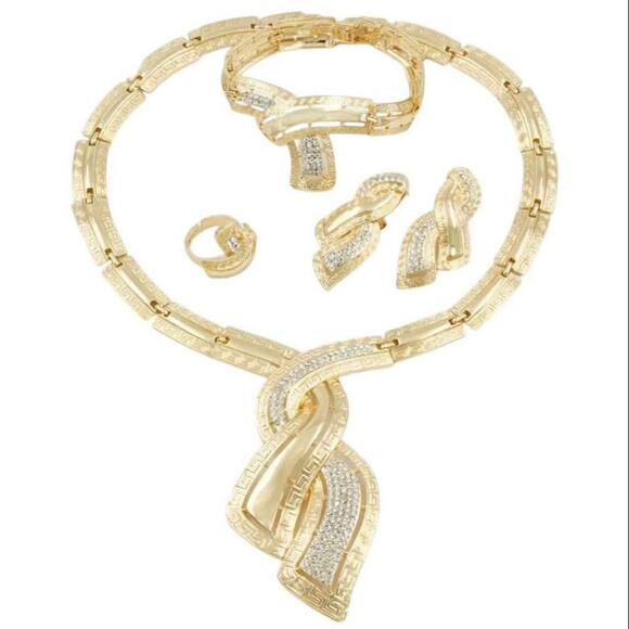 Gold Tone and Clear Stones Necklace, Bracelet, Earrings, and Adjustable Ring Set - Picture 3 of 9